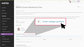 An event in Xello. The cursor is clicking the Invite college partners link.
